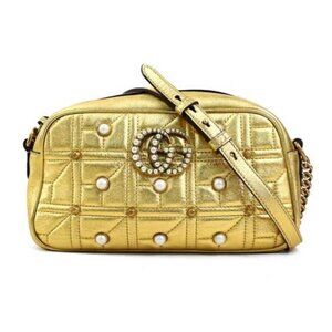 GUCCI Shoulder Bag GG Marmont Leather Faux Pearl Gold 447632  - COA Included